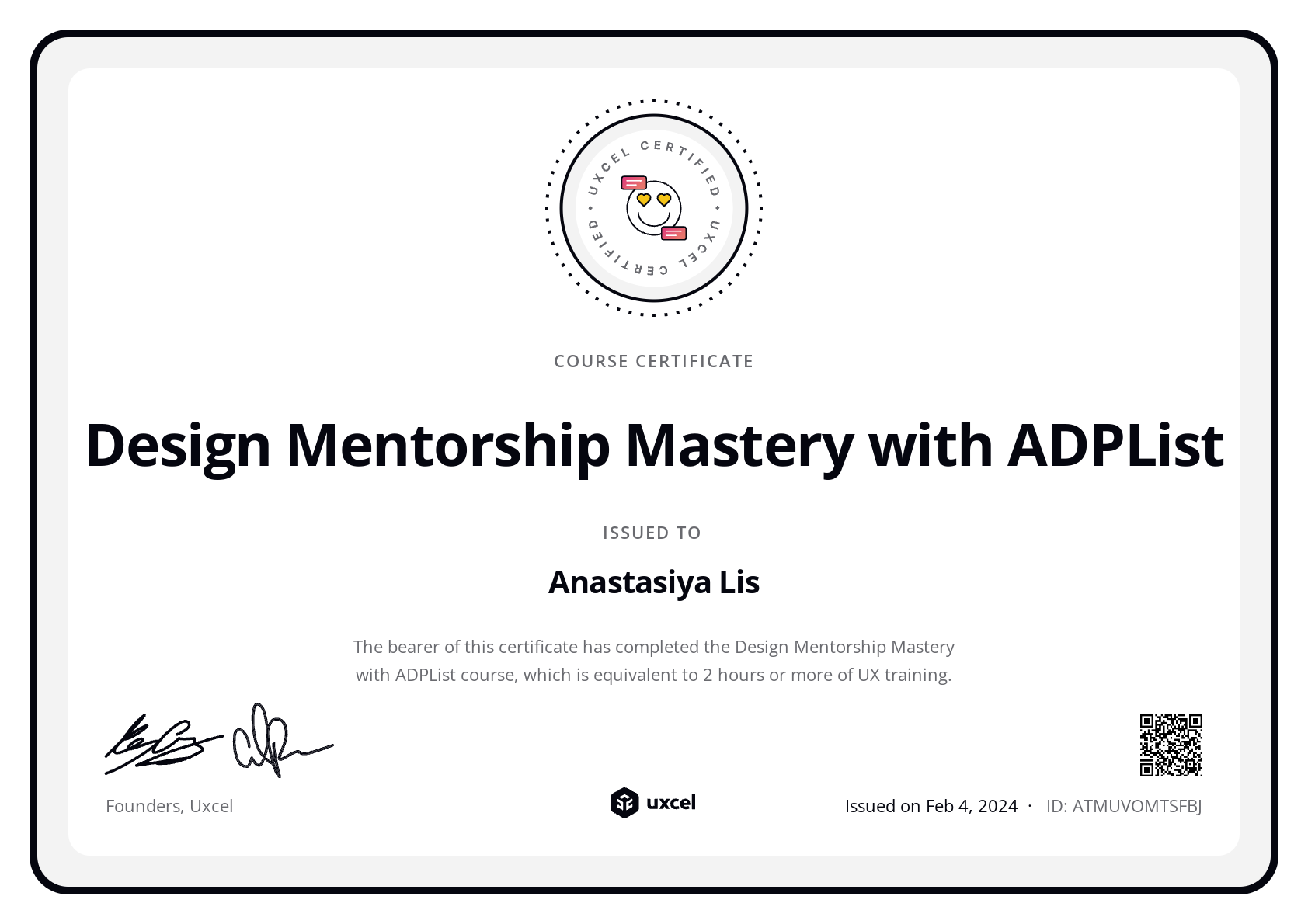 Anastasiya Lis's certificate